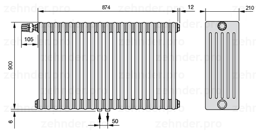 Схема (чертеж) Радиатор Zehnder Charleston 6090/19 №V007 Белый глянцевый RAL 9016
